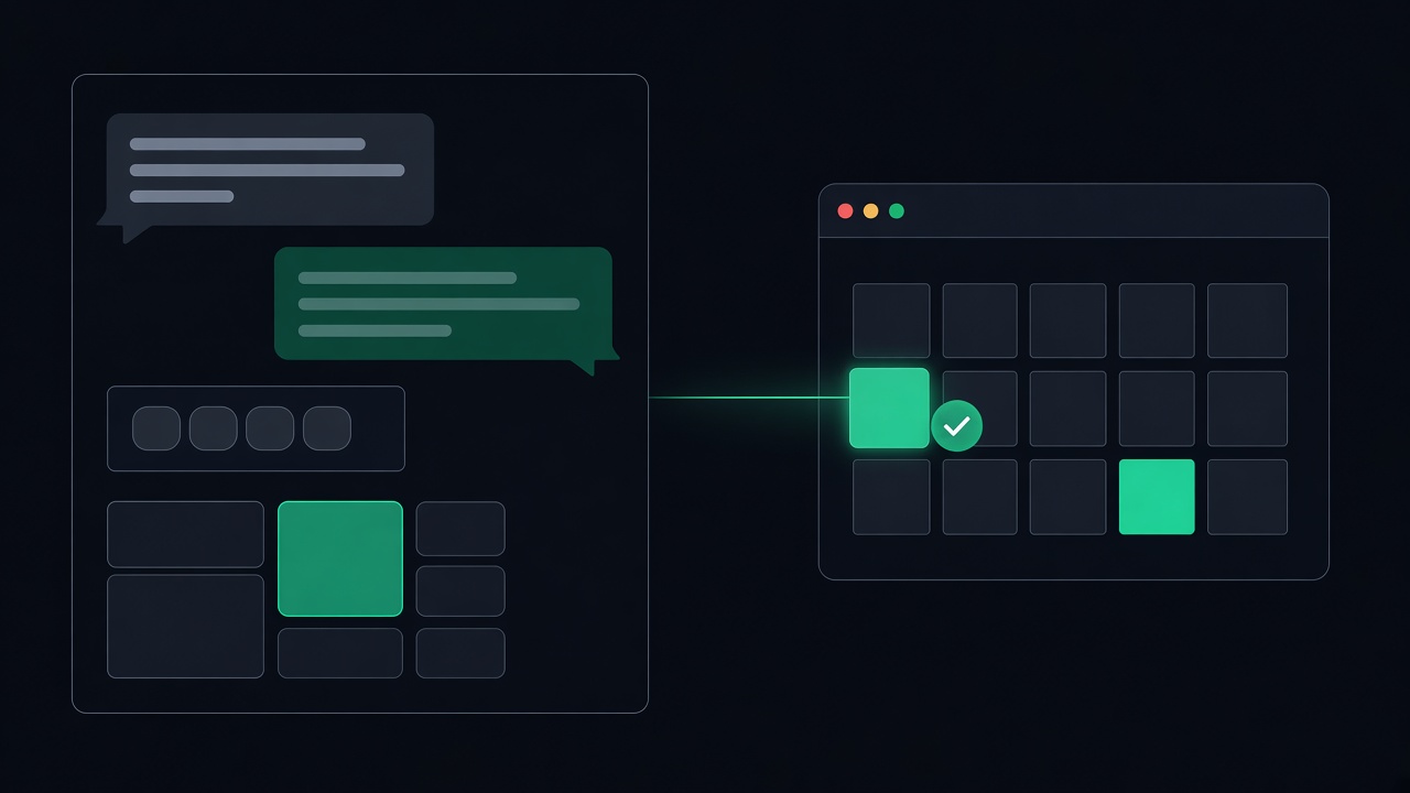 A chat window with a highlighted time slot connected to a calendar with a confirmed booking