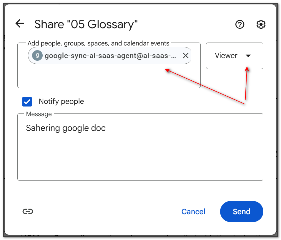 Google share dialog with the ChatNexus reader email and the role set to Viewer
