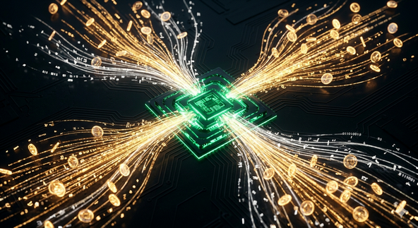 Digital coins and text fragments dissolving into an AI processor chip