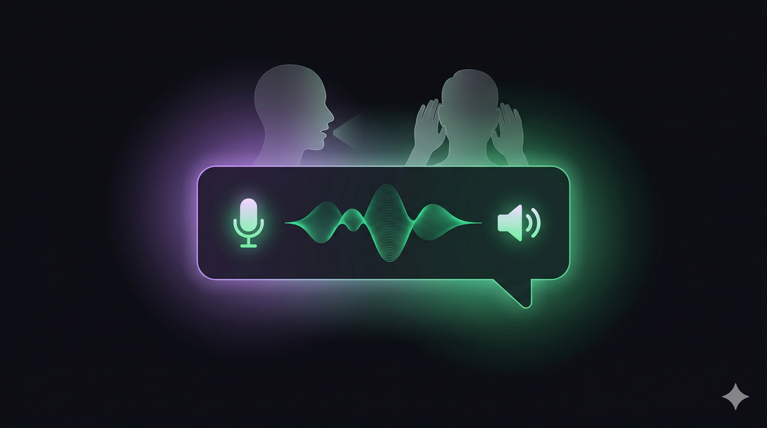 Sound waves emanating from an AI chat interface with microphone and speaker icons