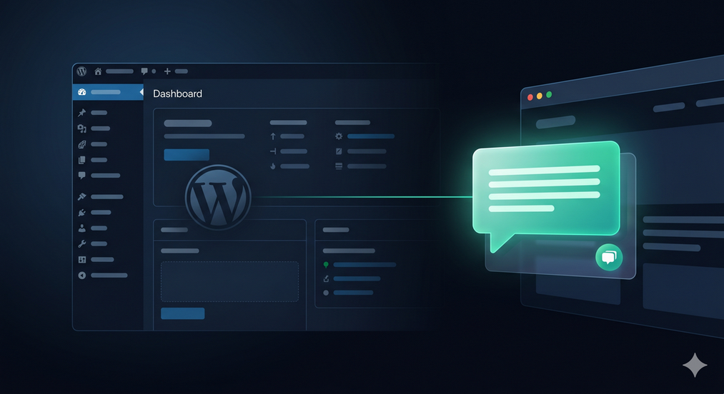 WordPress admin dashboard with an AI chat widget appearing on a live website
