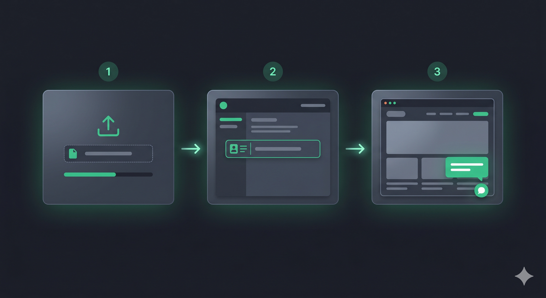 Three-step flow: plugin install, Agent ID copy, live chat widget on site