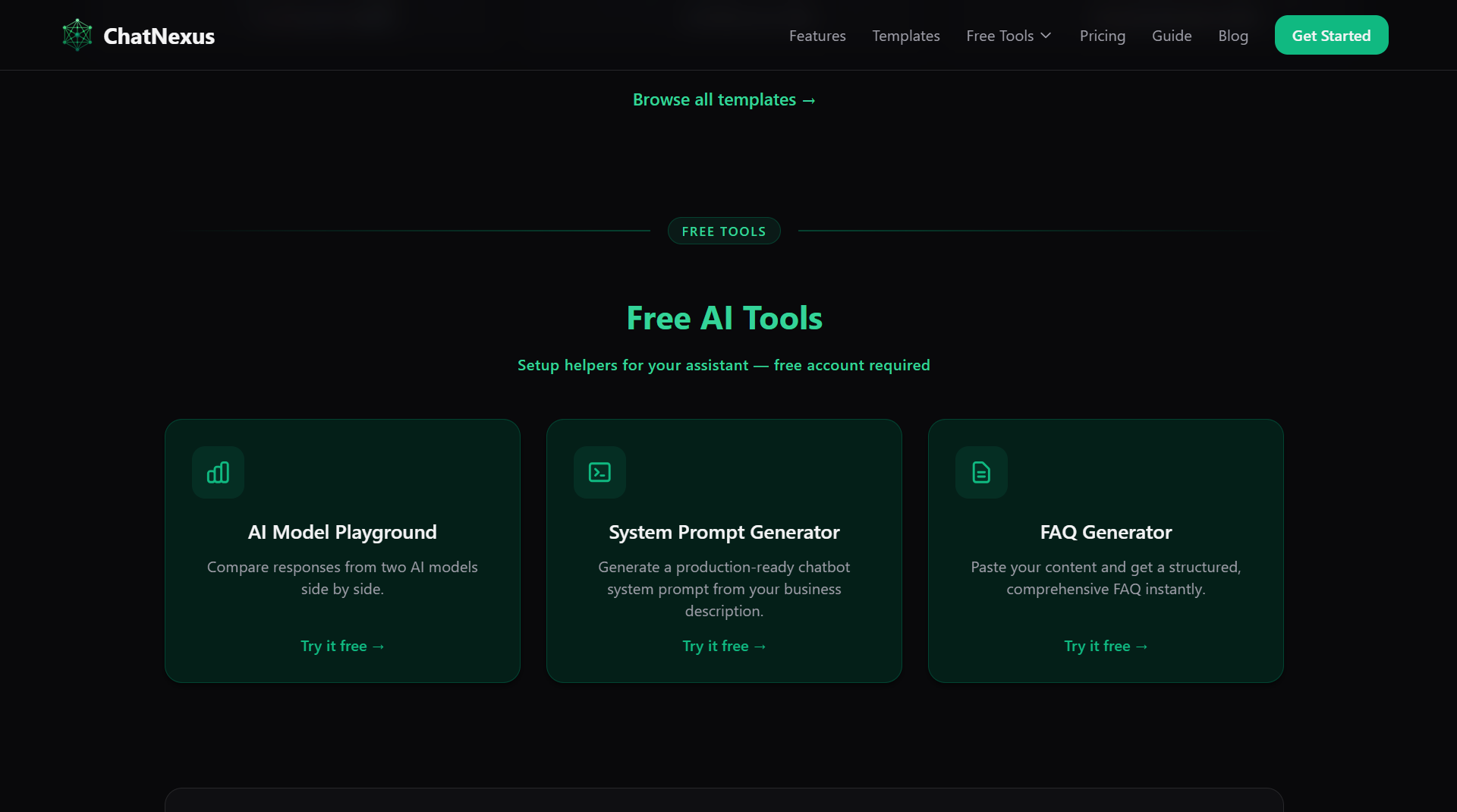 Free AI Tools page showing Playground, System Prompt Generator, and FAQ Generator