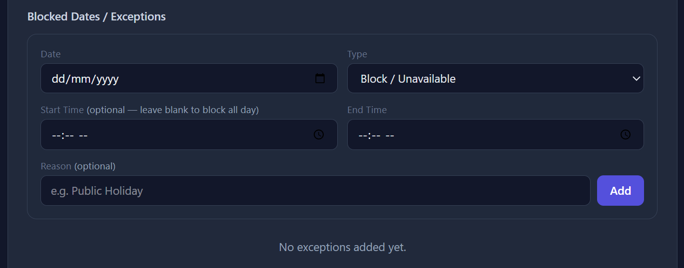 Date exceptions configuration