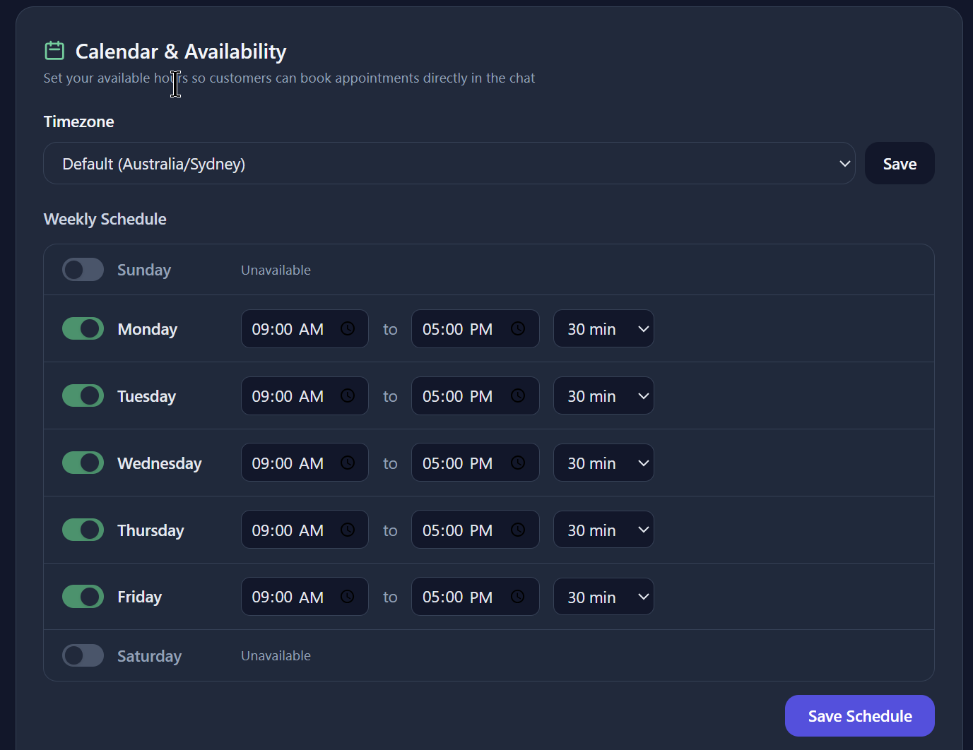 Weekly availability schedule editor