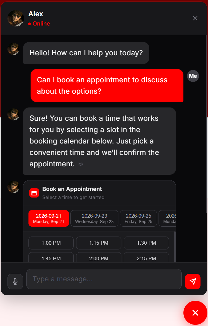 Chat widget with in-chat appointment booking calendar