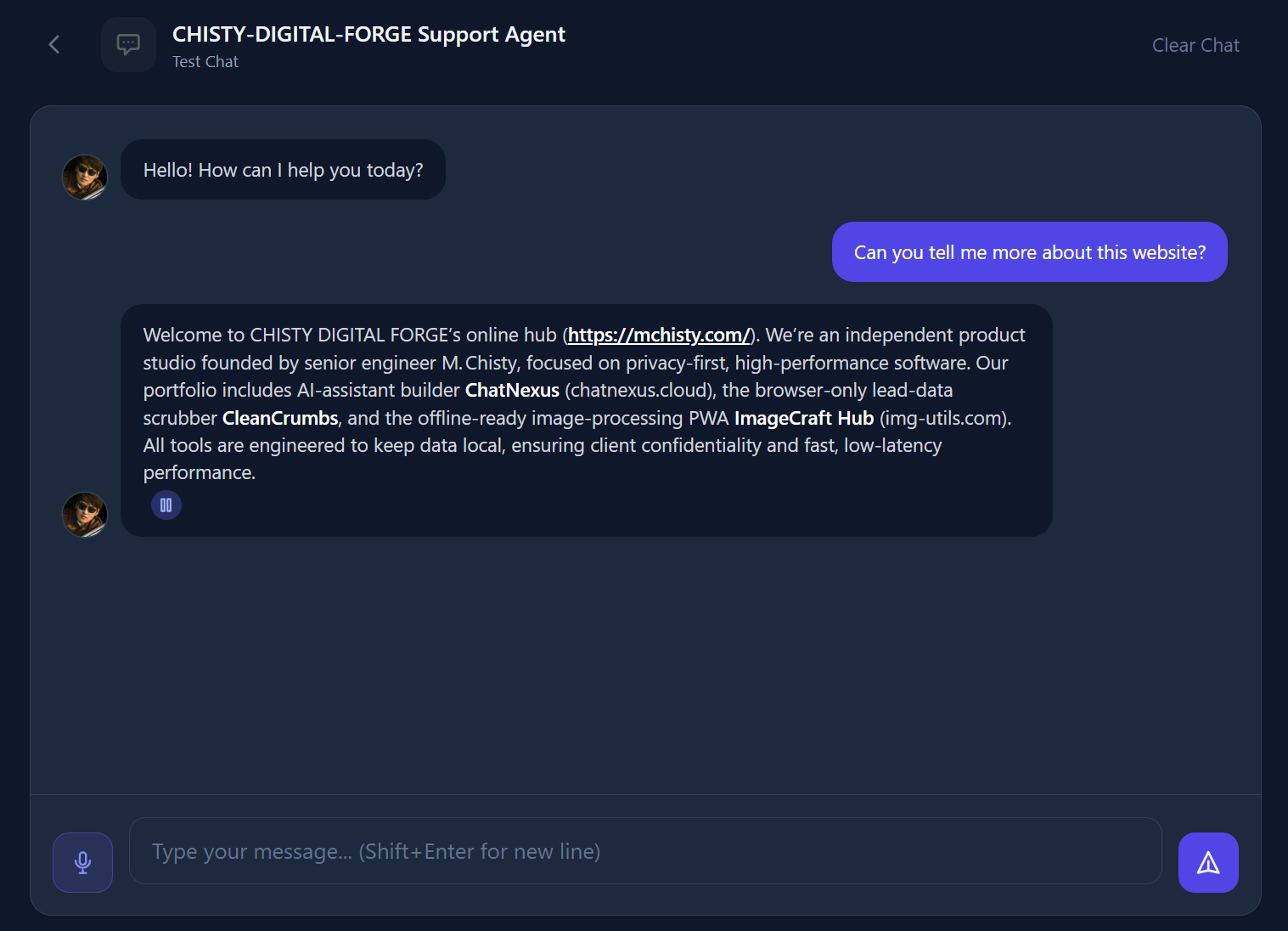 Voice test chat showing microphone input and spoken reply